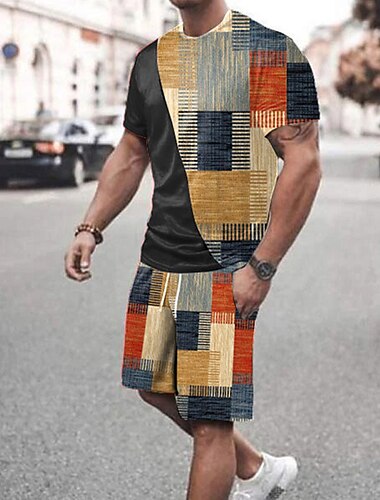  男性用 ショーツとTシャツのセット Tシャツの衣装 グラフィック カラーブロック クルーネック 衣類 3Dプリント アウトドア 日常 半袖 3Dプリント 2個 2個 デザイナー カジュアル 快適