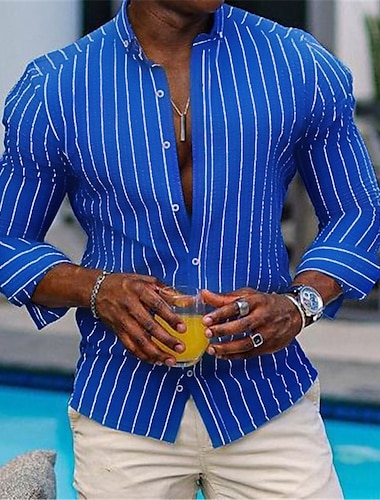  男性用 シャツ ボタンアップシャツ カジュアルシャツ サマーシャツ ビーチシャツ ホットピンク ブルー グリーン 長袖 縞柄 ボランダウン 日常 バケーション 衣類 ファッション カジュアル 快適