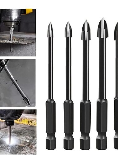  5-delige efficiënte universele boorgereedschappen, multifunctionele driehoekige kruislegering boorset, gecementeerde hardmetalen antiroesthulpstukken voor elektrisch gereedschap, kruisspeerkopboren