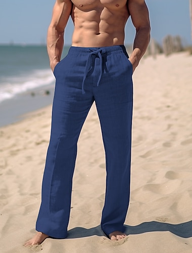  Homme Pantalon en lin Pantalon pantalon été Pantalon de plage Cordon Taille elastique Jambe droite Plein Confort Respirable Casual du quotidien Vacances Mélange de Lin & Coton Mode Style classique