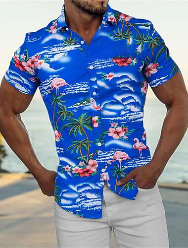  Herre Skjorte Sommerskjorte Uformell skjorte Strandskjorte Hawaii skjorte Skjorte med knapper Navyblå Blå Grønn Kortermet Kokosnøttre Flamingoer Aftæpning Gate Daglig Trykt mønster Klær Polyester