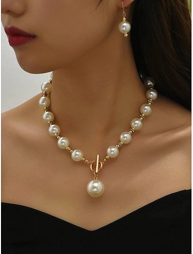  Bridal Jewelry Sets 1 set Imitation Pearl 1 Necklace Earrings Women's Stylish Simple Cool Lovely Classic Precious Geometric Jewelry Set For Wedding Party
