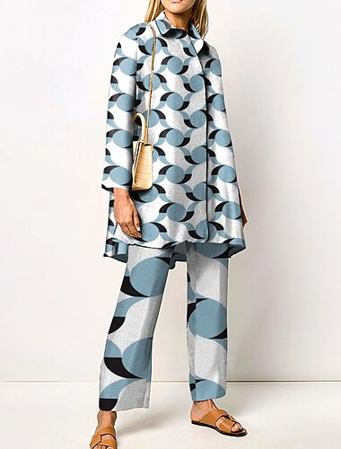  Kvinne 2 Deler Gatekultur Daglig Neon  Lys Skjorte Bukse Sett Bred Ben Bukser Langermet Skjorte Krage Geometrisk Trykk Arbeid Daglig Rosa Rød Blå Høst  Vinter Normal Passform