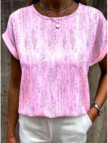  Damen T Shirt Graphic Basic Kurzarm Rundhalsausschnitt Normale Oberteile Täglich Wochenende Bedruckt Gelb Rosa Blau Orange Grün