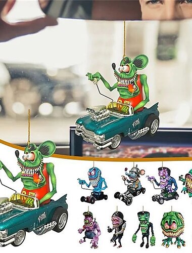  2 piezas de dibujos animados de boca grande monstruo coche colgante acrílico muñeca plana modelo decoración del hogar rata fink ratón loco conducción estatua accesorios de coche de halloween