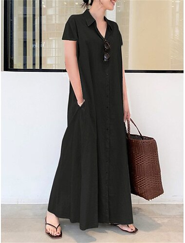  Damen Schwarz Wein Marineblau Sommer Frühling Maxikleid Baumwoll-Leinen-Kleider Hemdblusenkleid Freizeitkleid Alltagstauglich Lässig Streetstyle Urlaub Täglich Wochenende Lässiger Schnitt Einfach