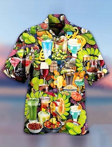  Voor heren Drinken Overhemd Hawaiiaans overhemd Aloha-shirt Korte mouw Overhemd Strijkijzer Tropisch Modieus Hawaii Casual Hawaii Feestdagen Lichtgeel Geel Lichtgroen S M L