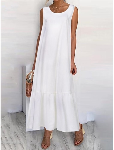  Γυναικεία Αμάνικο φόρεμα Κλιμακωτό φόρεμα Μακρύ φόρεμα Βαμβακερά λευκά είδη Βολάν στρίφωμα Μονόχρωμο Βασικό Διακοπές Στρογγυλή Ψηλή Λαιμόκοψη Αμάνικο Καλοκαίρι Μαύρο Λευκό