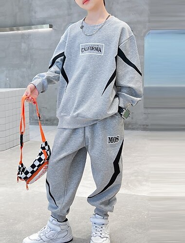  2 Stück kinderkleidung Jungen Kapuzenpulli & Hose Sweatshirt & Hose Kleidungsset Outfit Buchstabe Streifen Langarm Tasche Set Schulanfang Sport Cool Täglich Frühling Herbst 7-13 Jahre Schwarz Grau