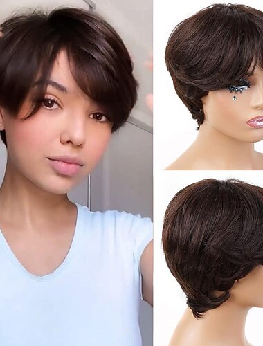  Braune Bob-Perücke aus Echthaar, kurze Pixie-Schnitt-Perücke mit Pony, geschichtete Echthaar-Perücken für schwarze Frauen, Nr. 4, schokoladenfarben, gerade, keine Lace-Front-Perücken, 150 % Dichte,