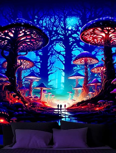  Tapisserie murale à lumière noire avec champignons magiques trippants, lueur réactive aux UV, fête, néon, champignon brumeux, psychédélique, art mural suspendu pour salon, chambre à coucher
