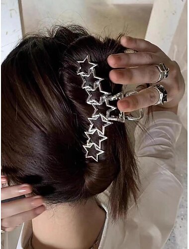  1PC Y2k Metal Hair Claw Clips Star Heart Hair Clips for Women Big Nonslip Design Claw Hair Clips for Thick and Thin Hair Stitching Silver Large Hair Accessories for Women and Girls.