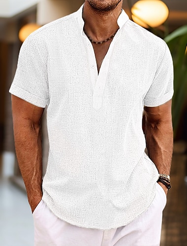  Herren Hemd leinenhemd Stehkragenhemd Popover-Hemd Sommerhemd Strandbekleidung Einfach Urlaub Lässig Schwarz Weiß Gelb Rosa Kurzarm Henley Sommer Bekleidung