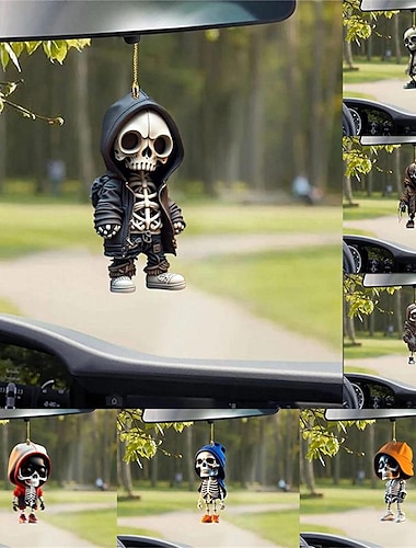  Colgante oscilante para espejo de coche de halloween, estatuilla de esqueleto acrílico, decoración interior de coche plana, espejo retrovisor automático, colgante, accesorios de adornos