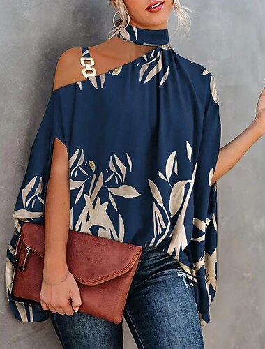  camicetta da donna elegante vintage moda floreale ritagliata stampa spalle scoperte manica corta top regolari collo alto casual festa nero bianco blu navy blu cachi