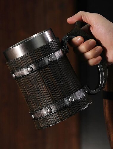 Jarras de cerveza, runa vikinga nórdica, vasos de cerveza, jarra grande de cerveza de roble, taza de café con resina de madera de acero inoxidable 3d, tazas para hombres, regalo del día del padre
