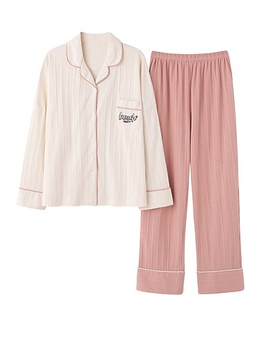  Damen-Schlafanzug, Pyjama-Oberteil und Hosen-Sets mit Buchstaben-Blumen-Strumpfhose/Leggings, lässiger Komfort für zu Hause, tägliches Bett, Baumwolle, atmungsaktiv, Revers, langärmeliges Hemd, Hose,