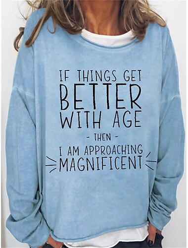  Sudadera de gran tamaño para mujer, mezcla de algodón, letras, calle, informal, deportiva, básica, cuello redondo, manga larga, top microelástico, caída&amp;Tejido suave, transpirable y cómodo para