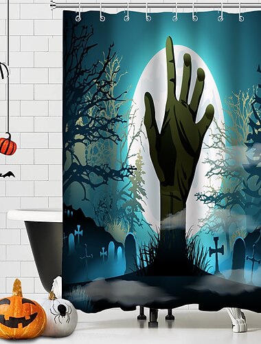  Halloween-Horror-Duschvorhang mit Haken, Badezimmer-Dekor, wasserdichtes Stoff-Duschvorhang-Set mit 12 Kunststoff-Haken, Skelett, Kürbis, Hexe