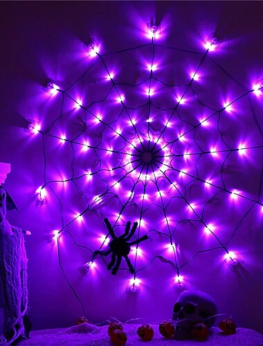 Lumières de toile d'araignée d'Halloween 60 LED avec araignée noire lumières de filet violettes imperméables télécommande alimentée par USB 8 modes toile d'araignée pour l'éclairage de décoration de cour de fête