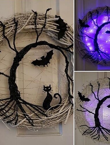  30cm věnec s veselými halloweenskými dekoracemi s ledem, rozsvíceným černým netopýřím kočičím věnec věncem pro halloween dekorace potřeby pro domácí párty