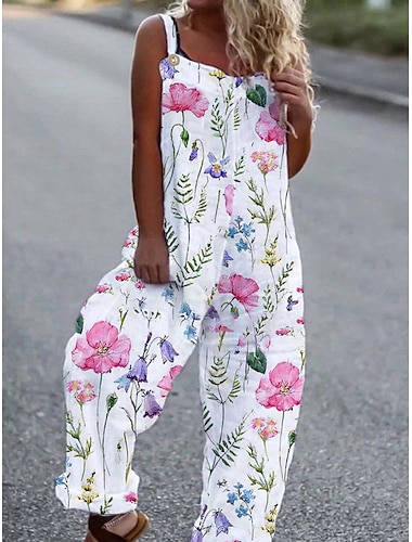  White Jumpsuits for Women Casual Summer Overall Button Pocket Floral U Neck Holiday Daily Vacation Casual Straight Regular Fit Sleeveless Sleeveless S M L