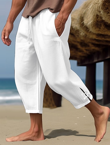  Homme Pantalon en lin pantalon été Pantacourt Pantalon de plage Cordon Taille elastique Plein Confort Respirable Mollet Casual du quotidien Vacances Mode Style classique Noir Blanche