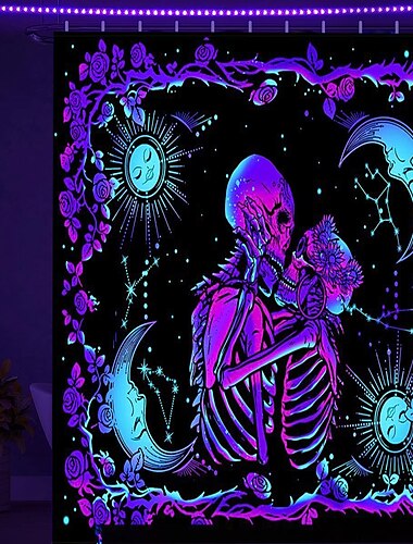  Halloween-Horror-Schwarzlicht-UV-reaktiver Duschvorhang mit Haken, Halloween-Badezimmer-Dekor, wasserdichter Stoff-Duschvorhang-Set mit 12 Kunststoff-Haken, Skelett-Kürbis-Hexe