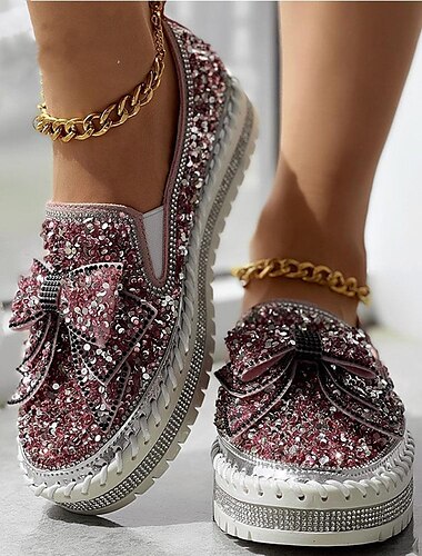  Women's Sparkly Rhinestone Slip-On Sneakers – Glitter Bow Platform Loafers for Party, Casual & Streetwear Fashion