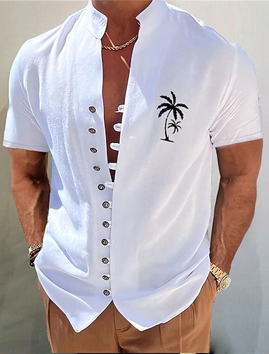  мужская хлопчатобумажная льняная рубашка с графическим принтом кокосовой пальмы, воротник-стойка, белый, синий, хаки, серый, уличная, с коротким рукавом, с принтом, одежда, модная уличная дизайнерская повседневная одежда