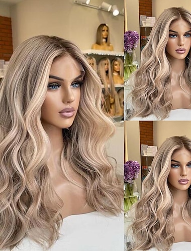  Cabello virgen sin procesar Peluca frontal de encaje 13x4 Corte de cabello en capas Cabello brasileño Peluca rubia ondulada multicolor 130% 150% de densidad con cabello de bebé resaltado / cabello