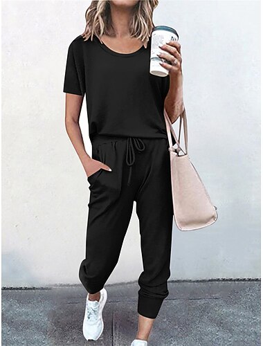  Loungewear-Sets für Damen in reinen Farben, modisch, lässig, bequem, für jeden Tag, für Dates, atmungsaktiv, Rundhalsausschnitt, kurzärmliges T-Shirt, Hosentasche, elastische Taille,