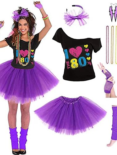  Disko 1980er Austattungen T-Shirt-Ärmel Damen Kostüm Stirnbänder Stränge Halskette Jahrgang Cosplay Maskerade Party & Abend Klub Mehre Accessoires Schlager Outfit