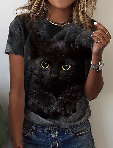  Damen T-Shirt Basic Katzen-Print Kurzarm Normale Oberteile Rundhalsausschnitt Alltag Wochenende Rot Blau Lila Grün Grau