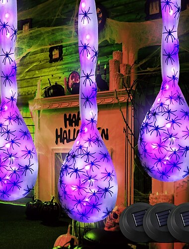  3er-Pack Halloween-Dekoration zum Aufhängen, leuchtende Spinnen-Eierbeutel, große Halloween-Spinne und Spinnennetz mit Solar-Lichterkette, Spinnen-Requisiten für Halloween-Party-Dekoration im Innen-