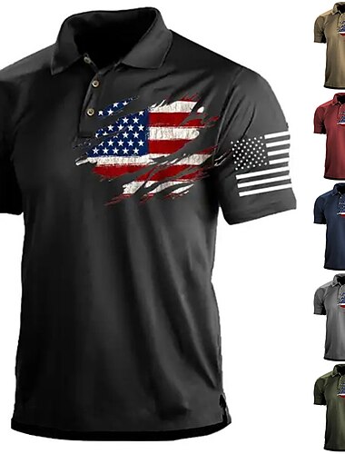  Férfi Amerikai zászló Veteránok Pólóingek Golfing Rövid ujjú Pólóingek Galléros ingek Alkalmi Utcai öltözék Nyaralási viselet Party ruhák Gombok 3D nyomtatás Fekete Rubin Sötétkék