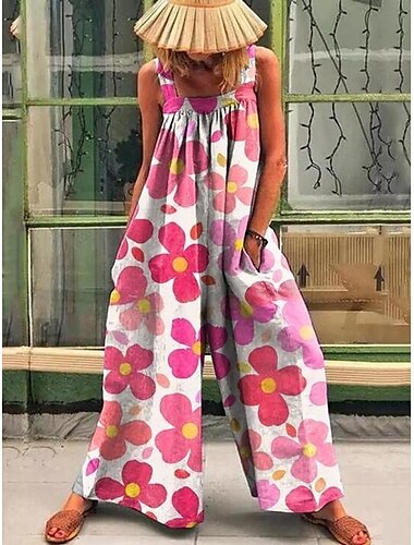  Women's Jumpsuit Button Front Print Floral Round Neck Elegant Home Daily Bootcut Loose Fit Sleeveless Sleeveless Yellow Pink Red S M L Summer