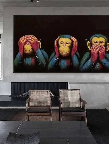  Handgefertigtes Ölgemälde auf Leinwand, Wandkunst, Dekoration, moderne, abstrakte, moderne Tiere, drei Orang-Utans für die Heimdekoration, gerolltes, rahmenloses, ungedehntes Gemälde