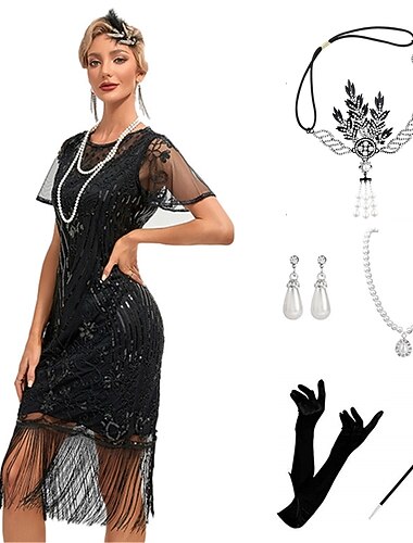  Goldene Zwanziger Vintage inspiriert Der große Gatsby Knielang Kurze Länge Flapper Kleid Outfits Partykostüm Illusionsärmel Kurze Ärmel Der große Gatsby Hochzeitsgast Pailletten Quastenfransen