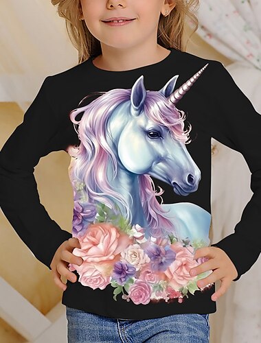 Mädchen 3D Grafik Cartoon Einhorn T-Shirt Langarm 3D-Druck Sommer Frühling Herbst Aktiv Mode Niedlich Kinder 3-12 Jahre Outdoor Lässig Täglich Normale Passform