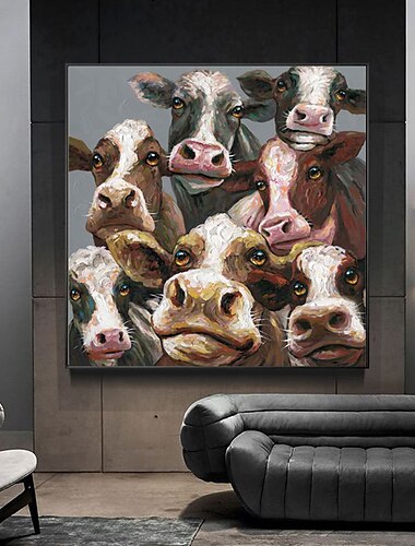  Pintura al óleo hecha a mano, lienzo, decoración de arte de la pared, animales abstractos modernos, familia de vacas bonitas para decoración del hogar, pintura enrollada sin marco sin estirar