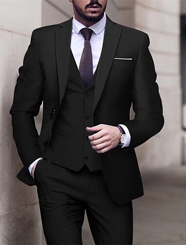  Trajes de boda para hombres negro blanco de color sólido ajustados de 3 piezas de un solo botón
