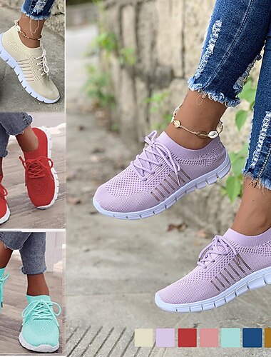  Damen Turnschuhe Übergrössen Flyknit Schuhe Komfort Schuhe Outdoor Täglich Feste Farbe Sommer Flacher Absatz Runde Zehe Sport Brautkleider schlicht Komfort Rennen Wanderschuhe Fliegendes Weben