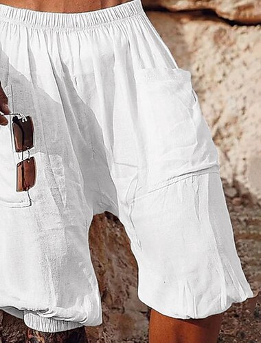  Herren Shorts Kurze Hosen Leinenshorts Kurze Hosen Sommer-Shorts Pumphose Tasche Elastische Taille Ausgebeult Glatt Komfort Atmungsaktiv Kurz Casual Täglich Festtage Modisch Klassicher Stil Schwarz