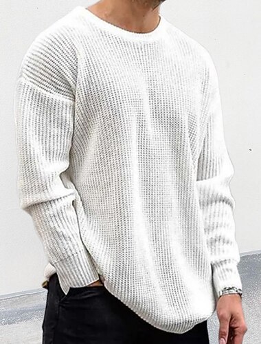  Herre Pullover genser Riflet Heklet Strikke Normal Strikket Helfarge Crew-hals Moderne Moderne Arbeid Dagligdagstøy Klær Vinter Svart Hvit M L XL