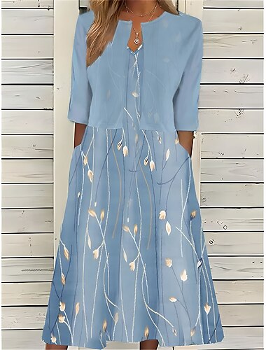  Damen Zweiteiliges Kleid-Set Casual kleid Kleid drucken Outdoor Täglich Modisch Elegant Tasche Bedruckt Midikleid Rundhalsausschnitt Halbe Ärmel Blumen Regular Fit Rosa Blau Himmelblau Sommer Frühling