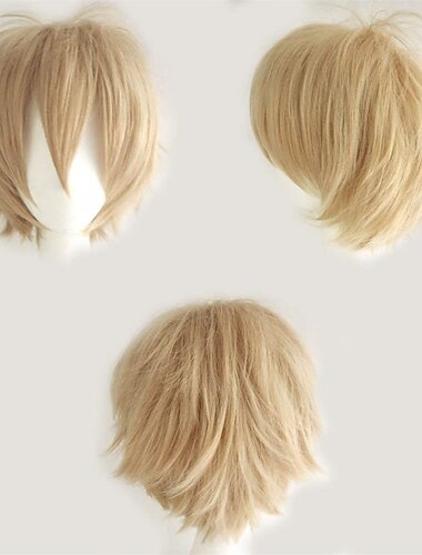  Unisex Cosplay Kort Lige Hår Paryk Kvinder Mænd Cool Fluffy Stil Anime Con Fest Kjole Syntetiske Parykker Linned Blond Halloween Parykker