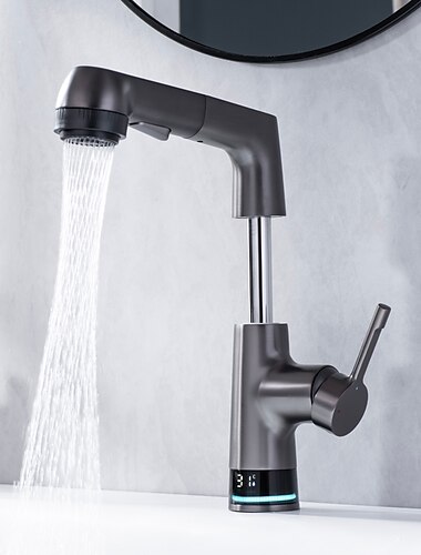  Robinet de salle de bain LCD affichage numérique évier mélangeur robinets de lavabo avec pulvérisateur extractible, tête de bec relevable à poignée unique 3 modes, robinet de cuve en laiton salle de bain