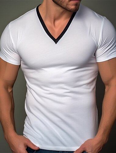  Homme T-shirt Manches courtes Col en V Été Uni Mode Designer Basique Vacances Rue Sortir Noir Blanche Kaki T-shirt haut de gamme pour homme