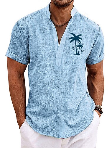  Hombre Camisa camisa de lino Camisa de playa camisa hawaiana Árbol de coco Exterior Vacaciones Azul Real Azul Piscina Verde Trébol Caqui Manga Corta Escote Chino Verano Primavera Ropa Estampado